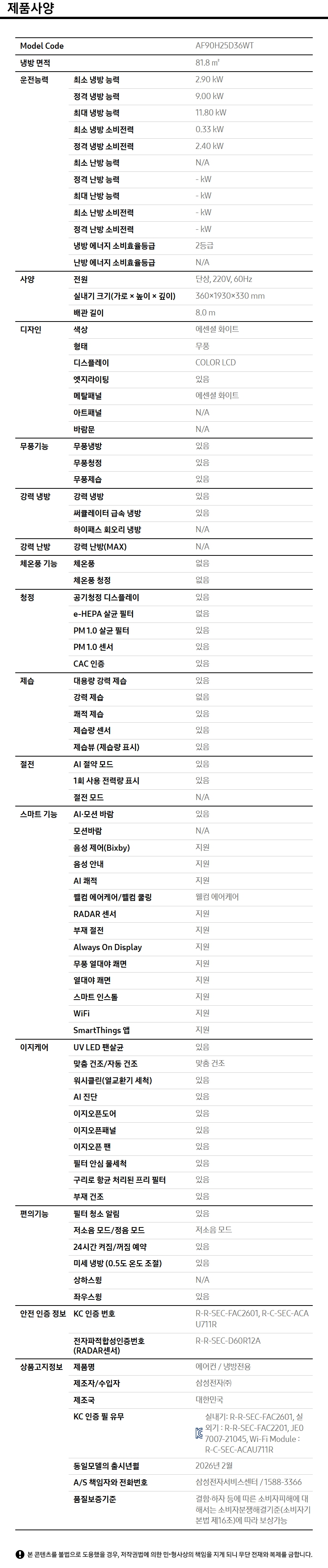 상품 스펙표