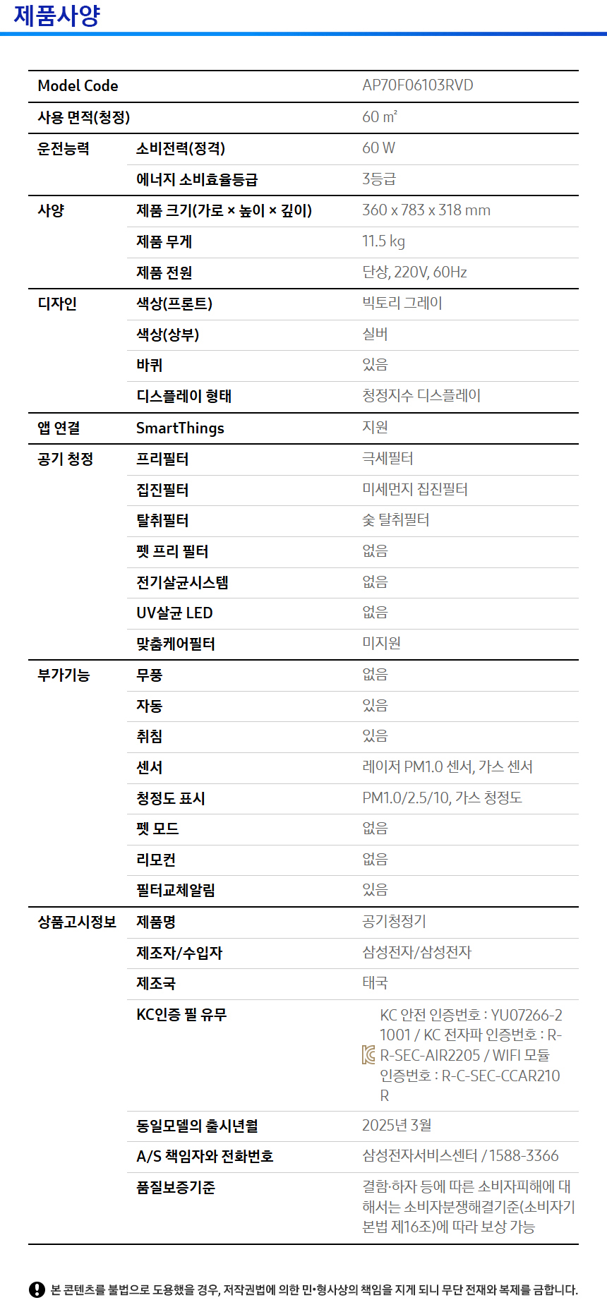 상품 스펙표