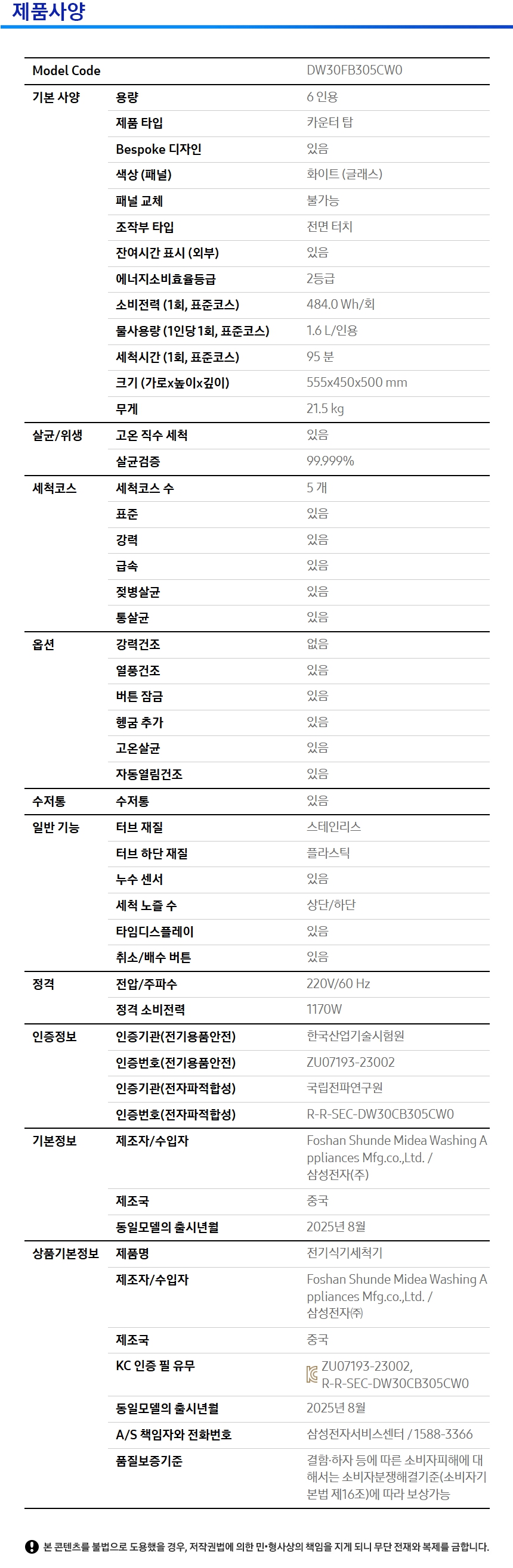 상품 스펙표