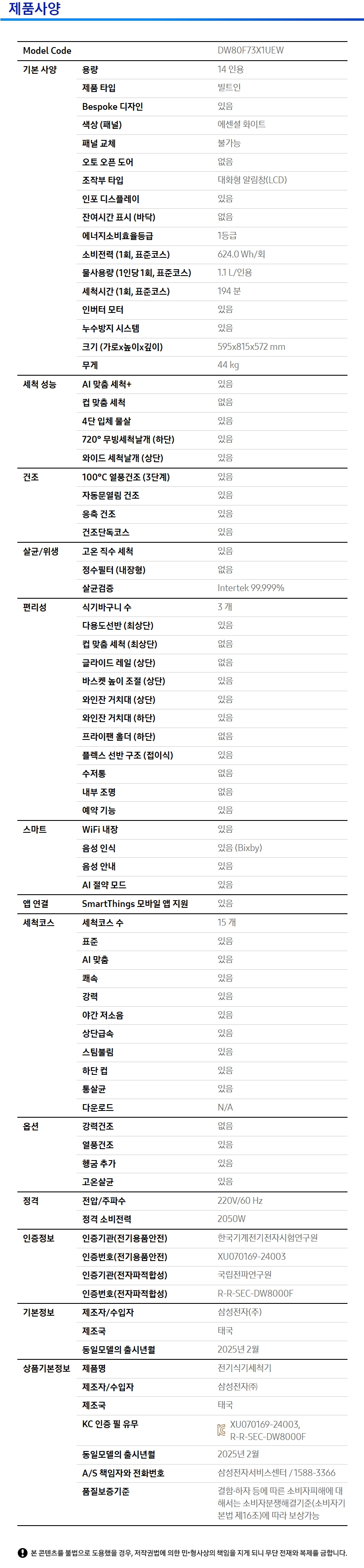 상품 스펙표