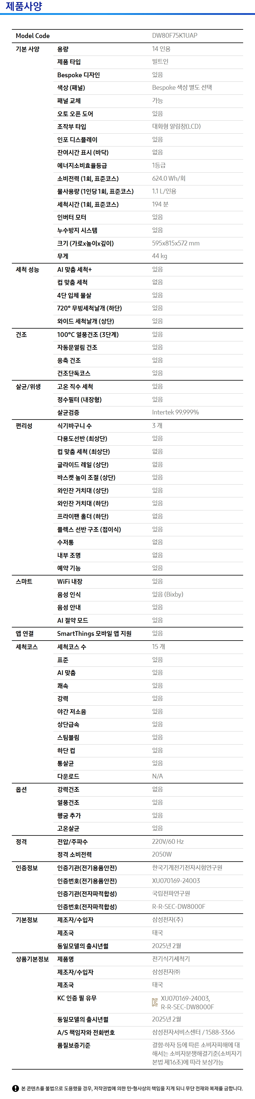 상품 스펙표