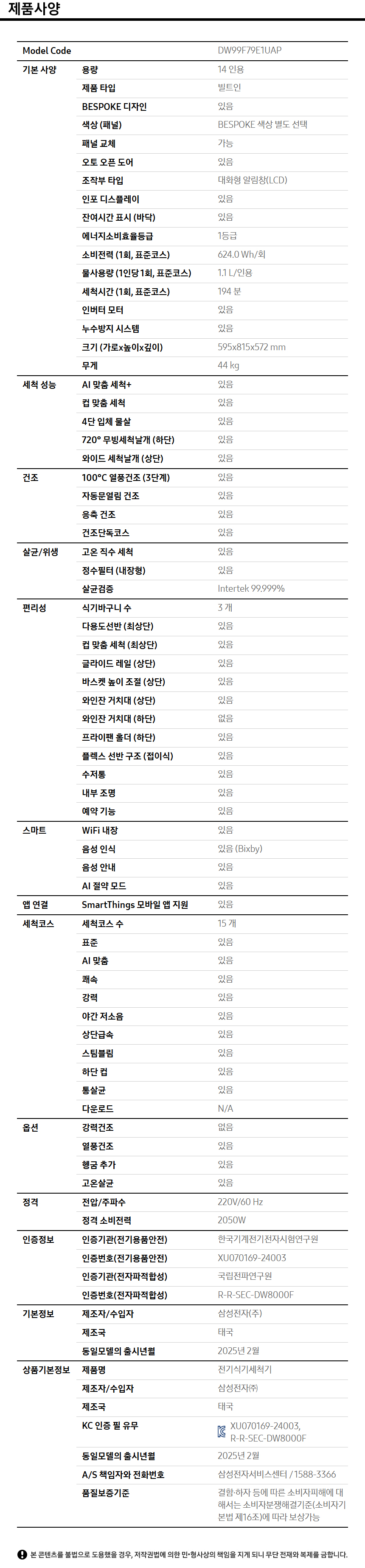 상품 스펙표
