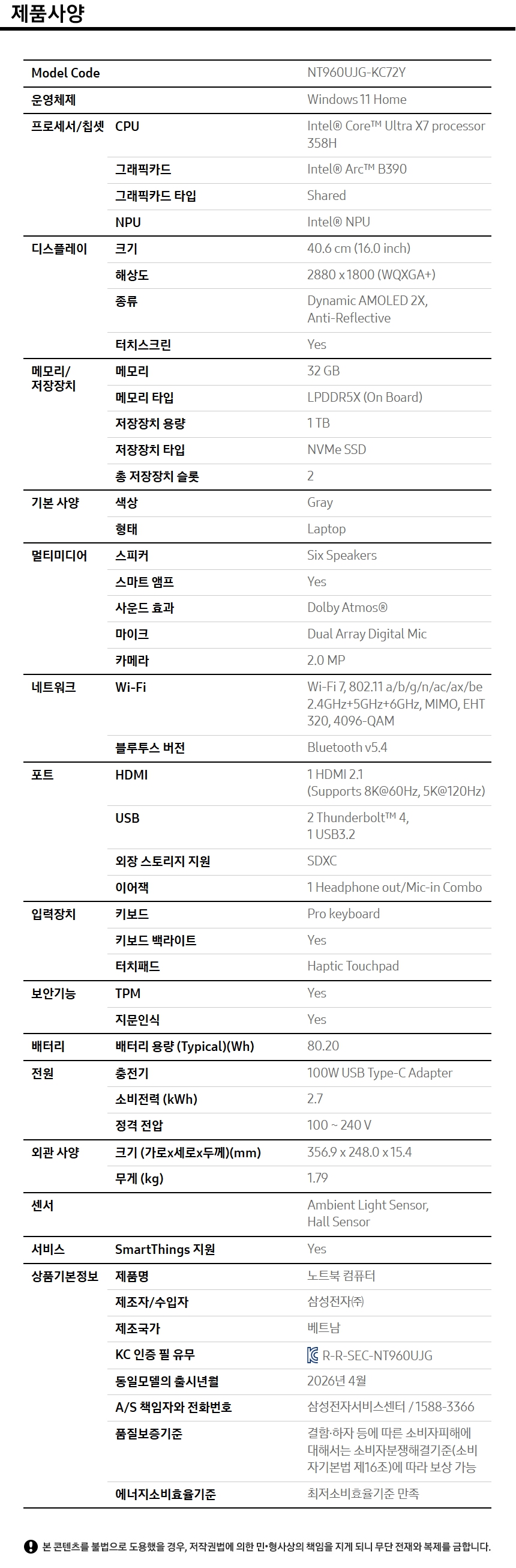 상품 스펙표