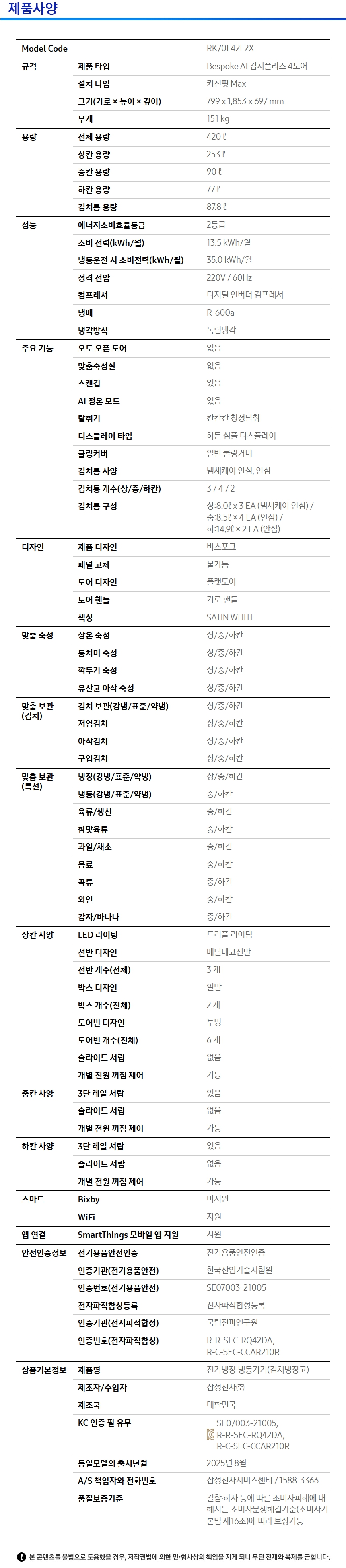 상품 스펙표