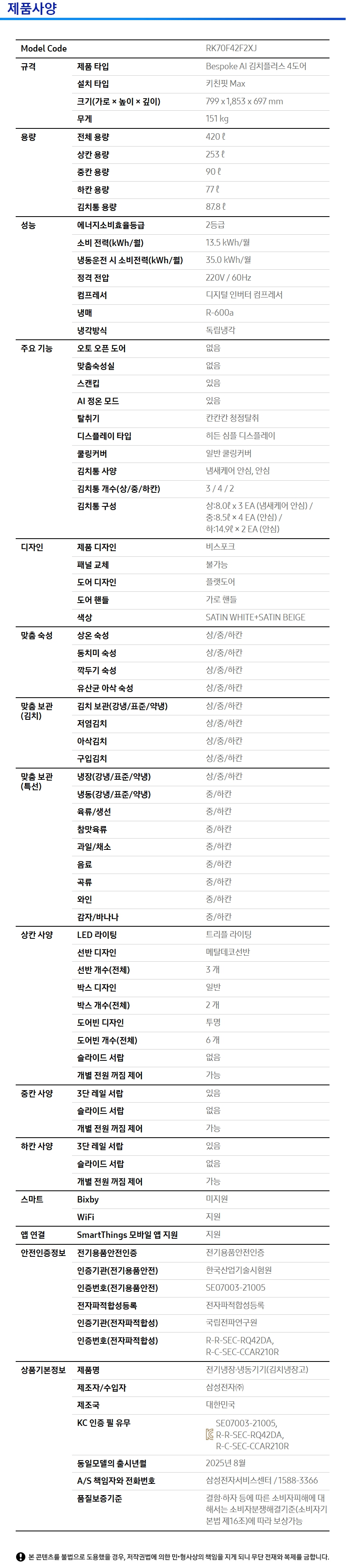 상품 스펙표