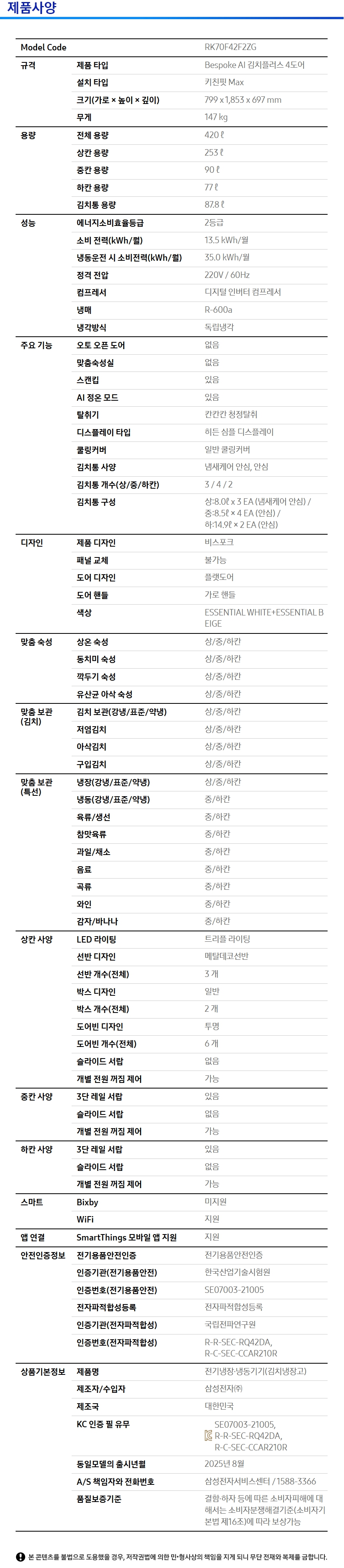 상품 스펙표