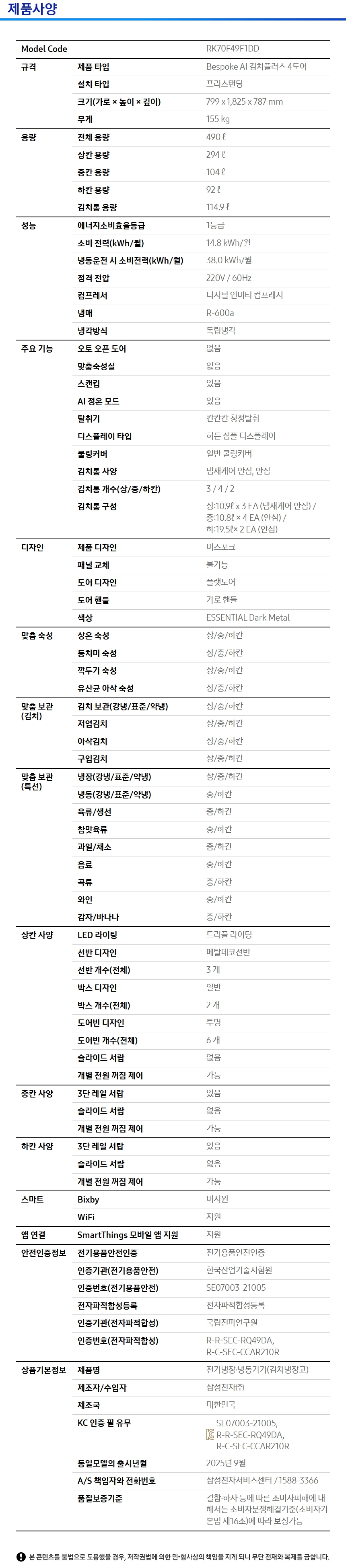 상품 스펙표