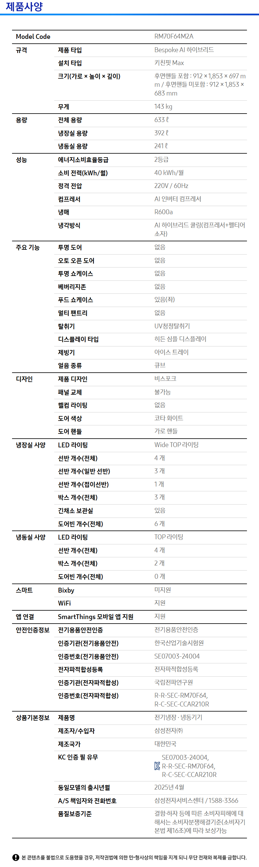 상품 스펙표
