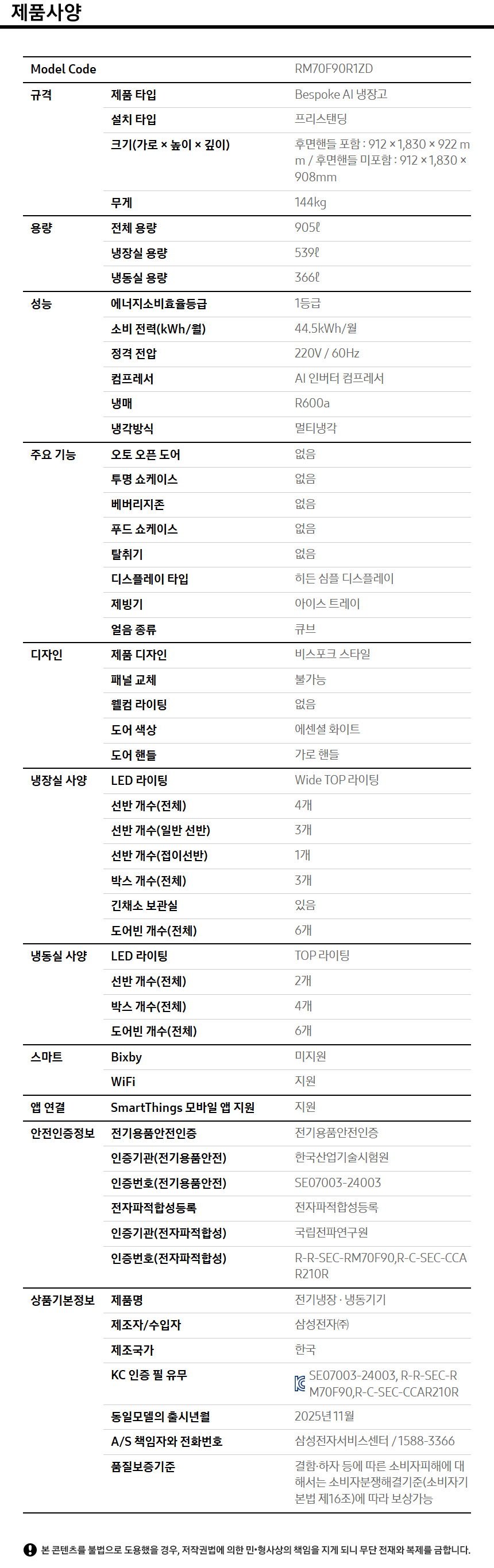 상품 스펙표