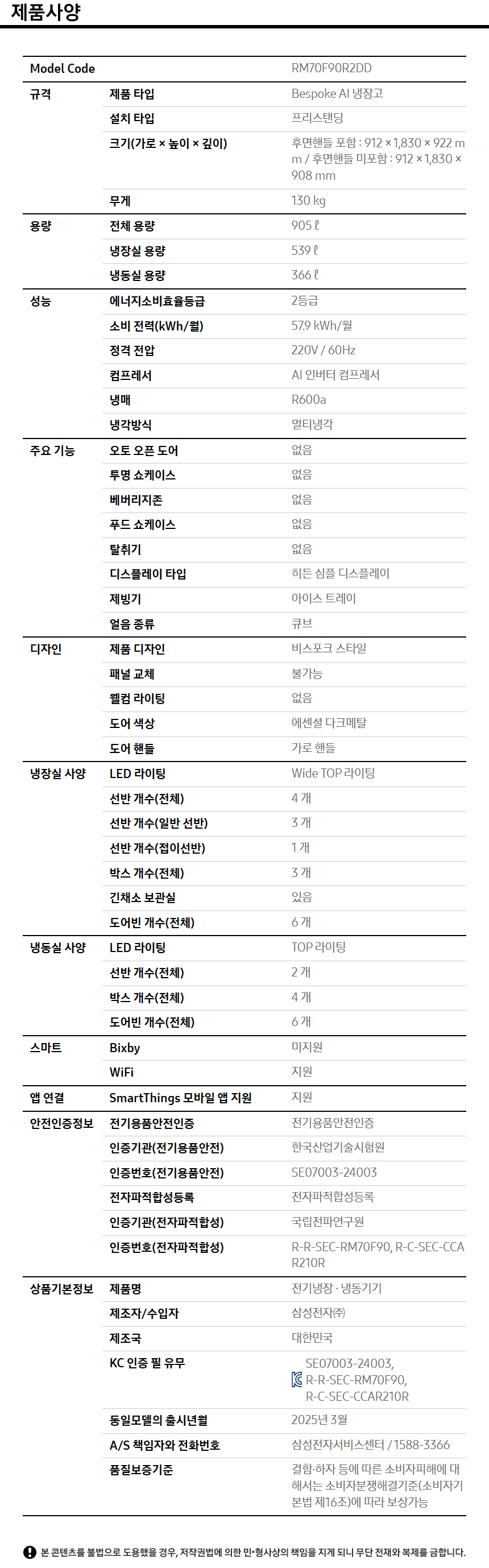 상품 스펙표