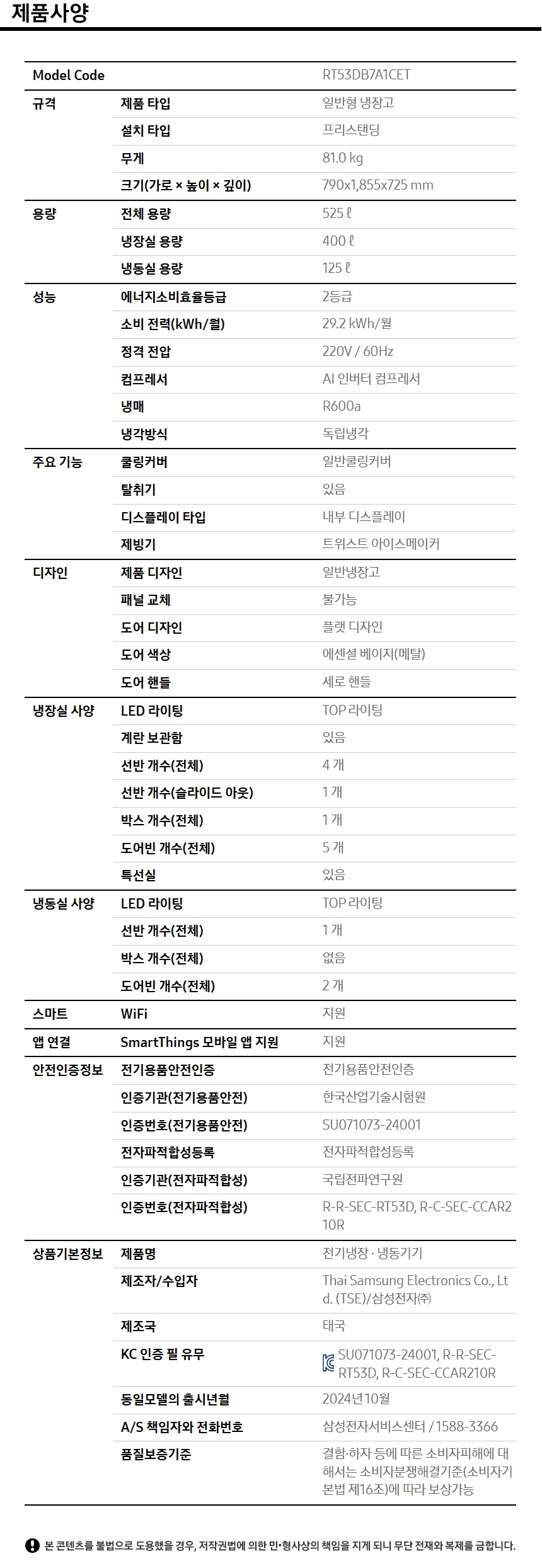 상품 스펙표