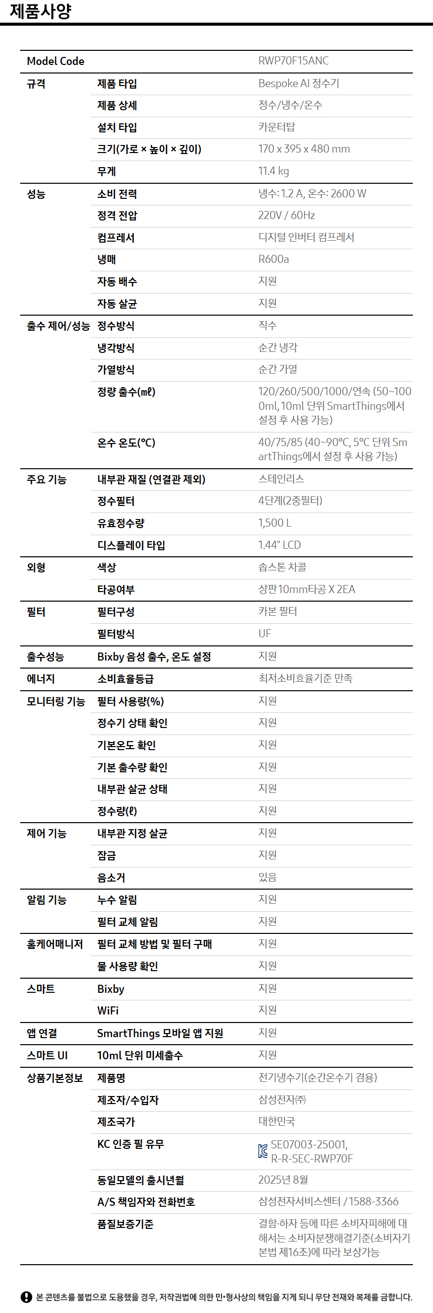 상품 스펙표