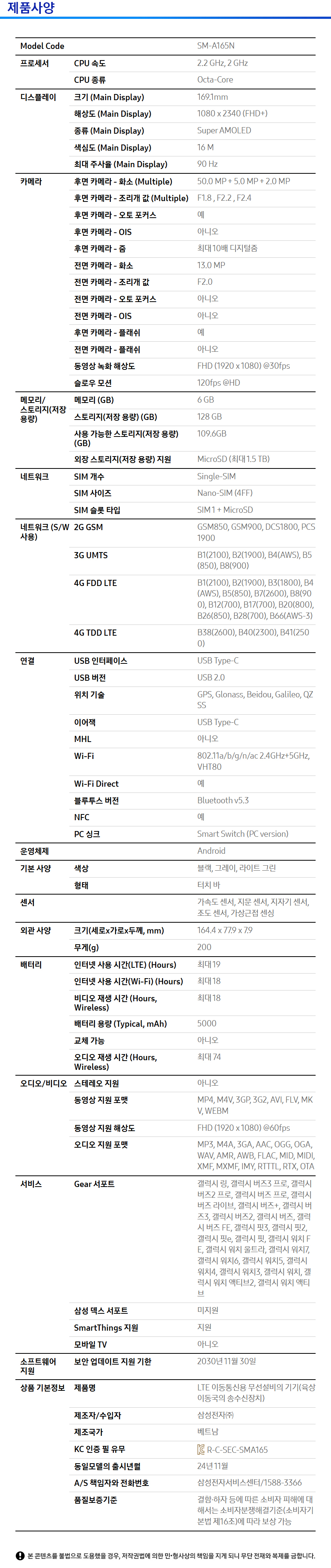 상품 스펙표 1