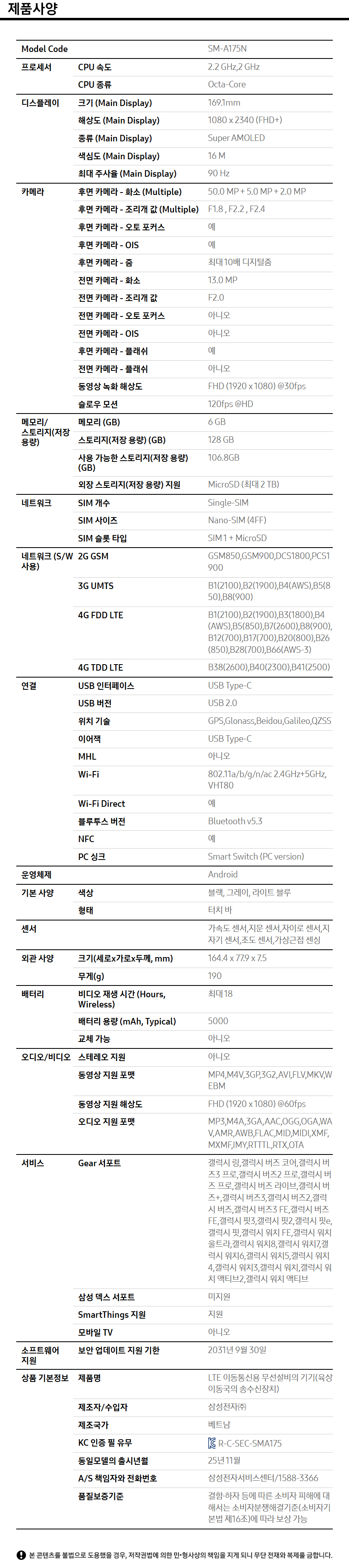 상품 스펙표 1