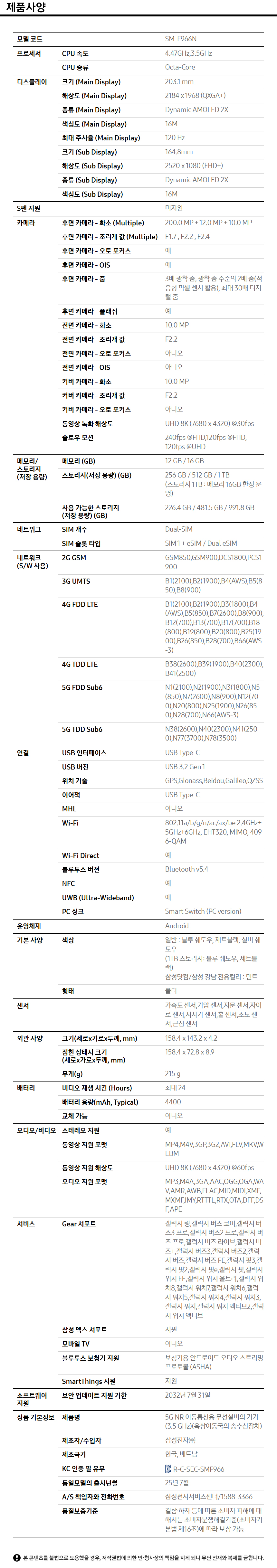 상품 스펙표 1