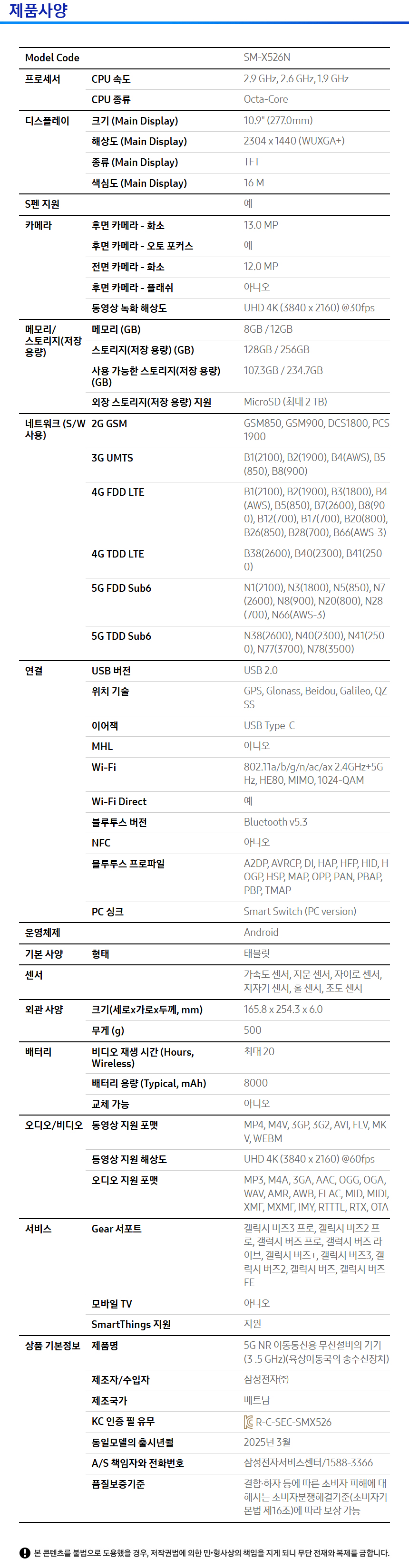 상품 스펙표