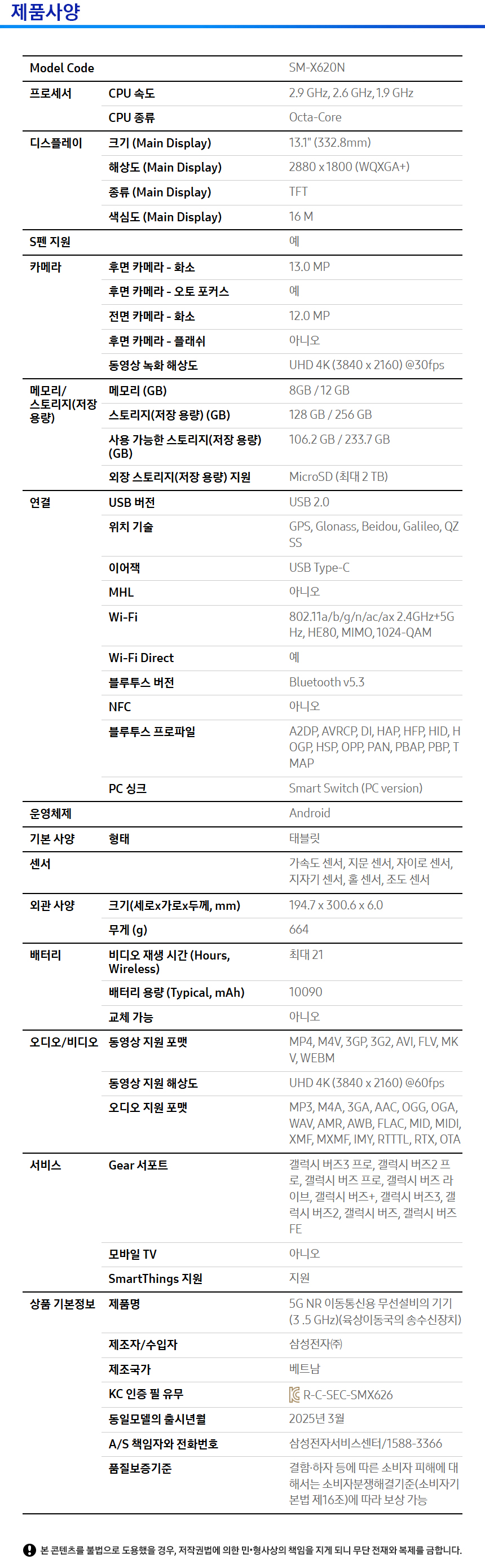 상품 스펙표