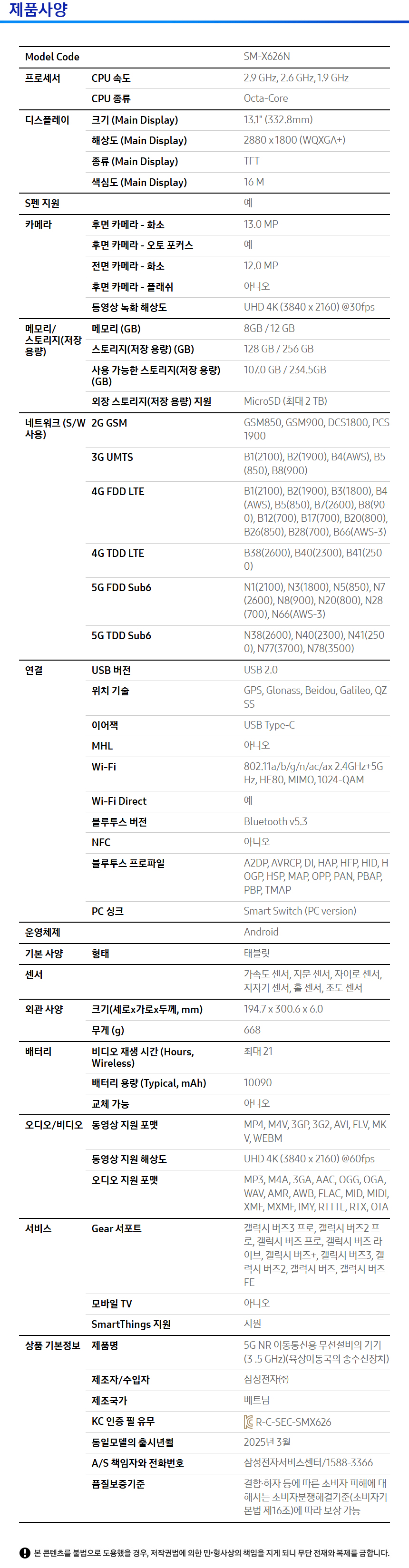 상품 스펙표
