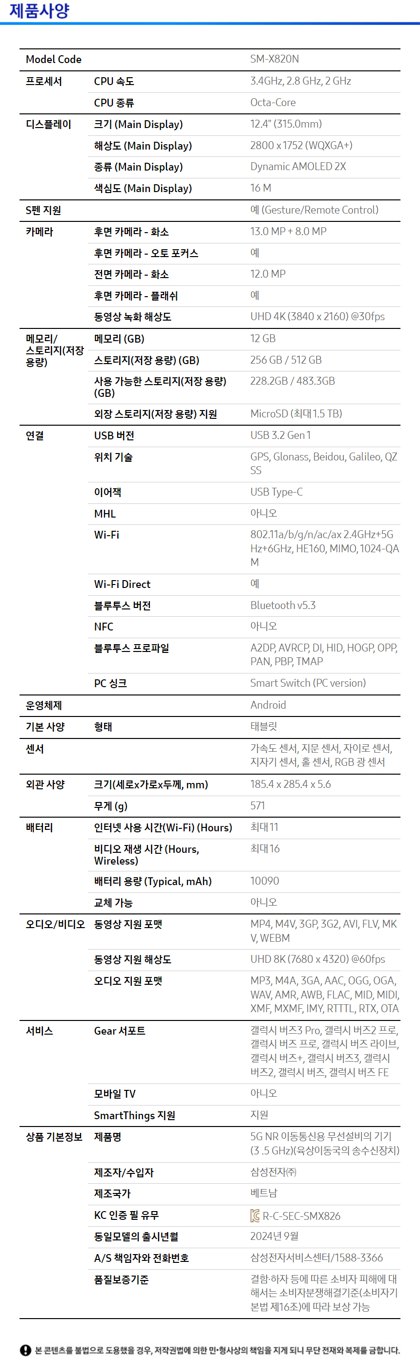 상품 스펙표