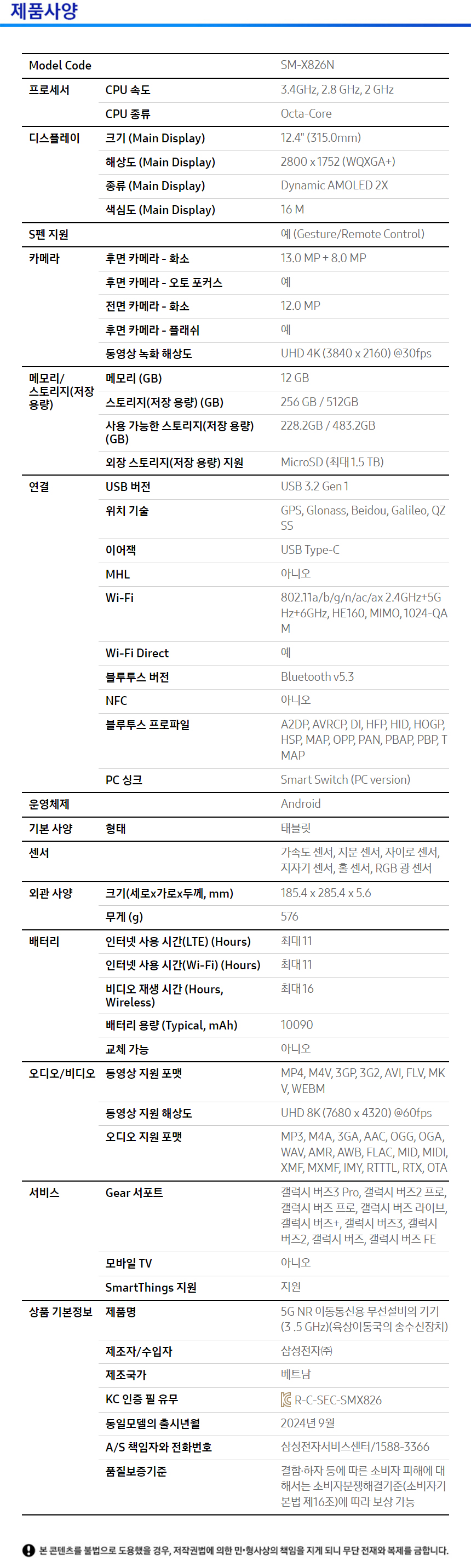 상품 스펙표