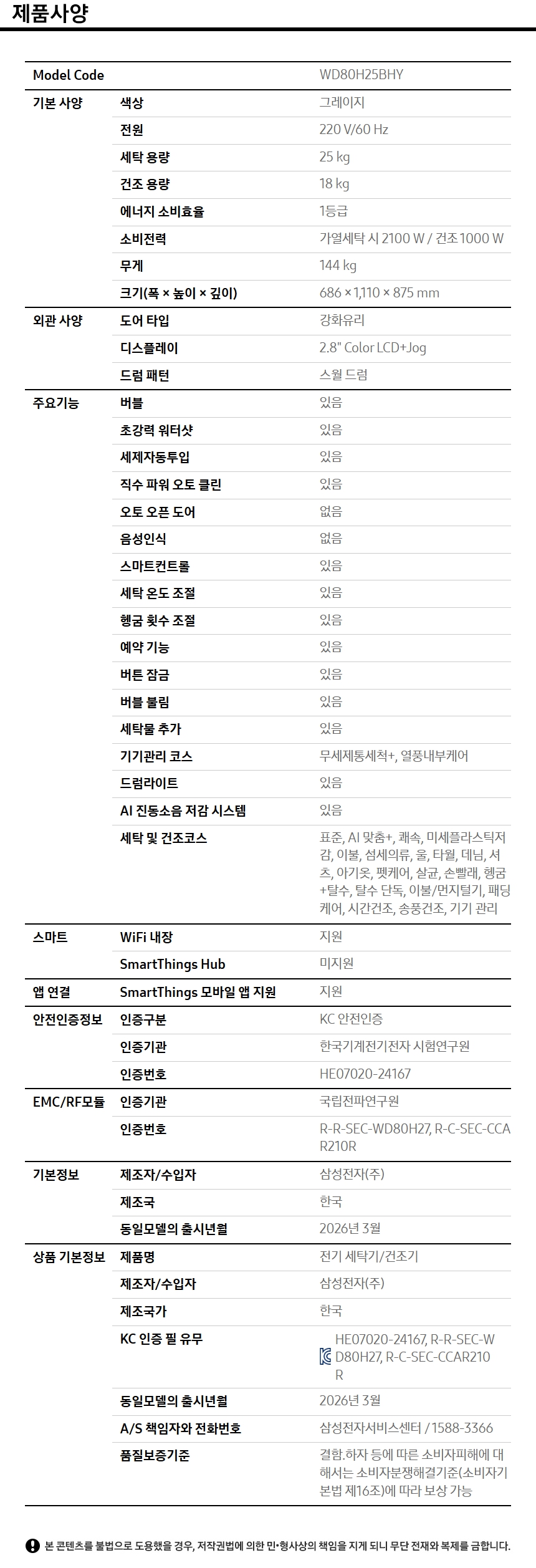 상품 스펙표